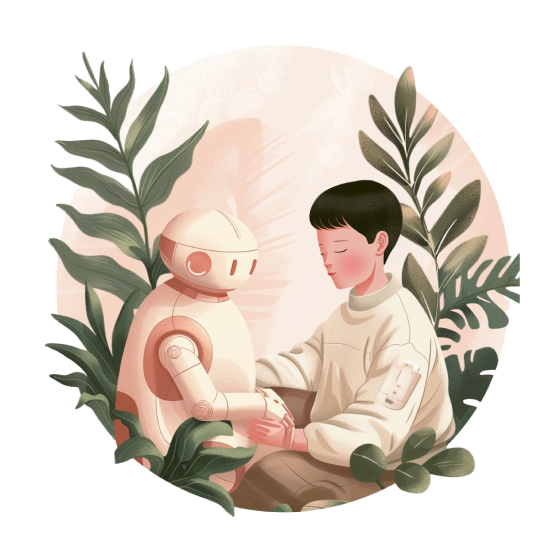 A person sitting quietly with an AI companion, surrounded by plants